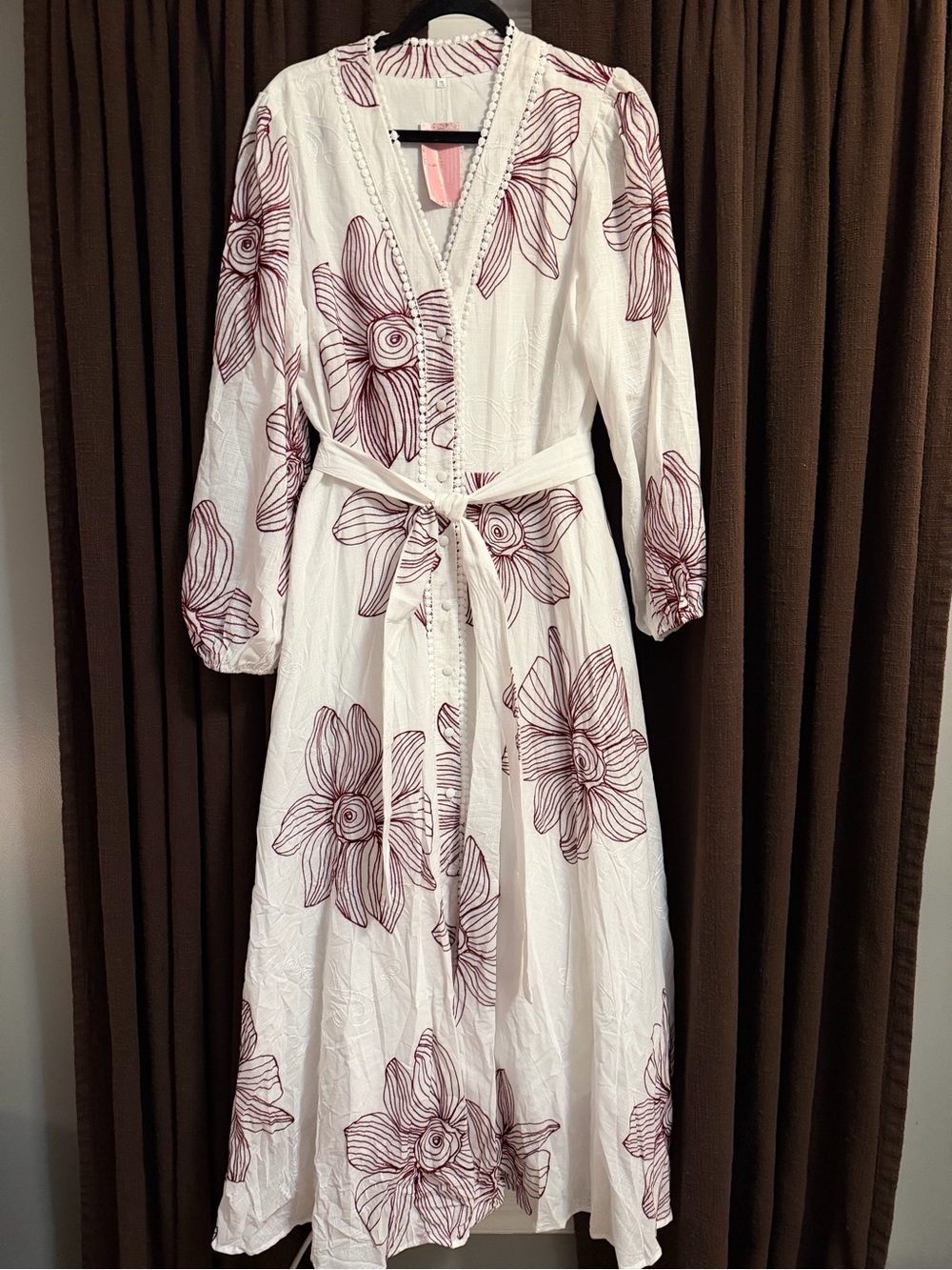 Oh So Modest | White Floral Maxi Dress with Burgundy Line-Drawn Blooms